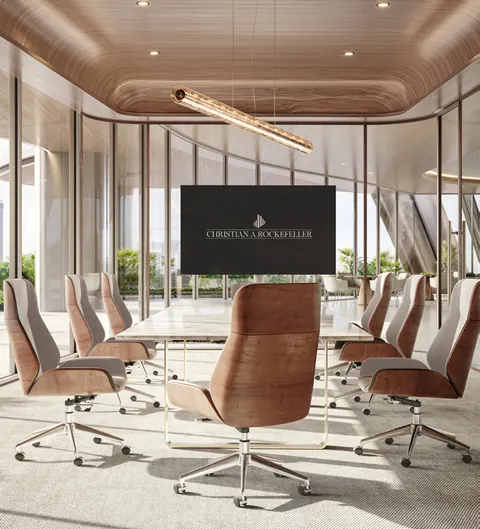 A boardroom with a timber-ribbed ceiling and floor-to-ceiling glass