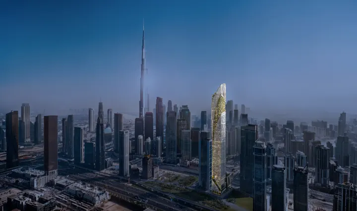 Aerial view of Downtown Dubai and Business Bay marking the tower on Sheikh Zayed Road, the Burj Khalifa, Dubai Mall and DIFC
