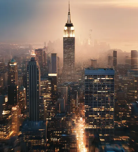Manhattan at dusk, the skyline the Rockefeller name helped shape