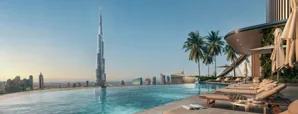 The infinity pool at the top of the tower, looking towards the Burj Khalifa