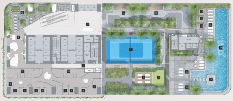Level 13 plan: spa and treatment rooms around the core, a padel court, lawn and an infinity pool wrapping the terrace