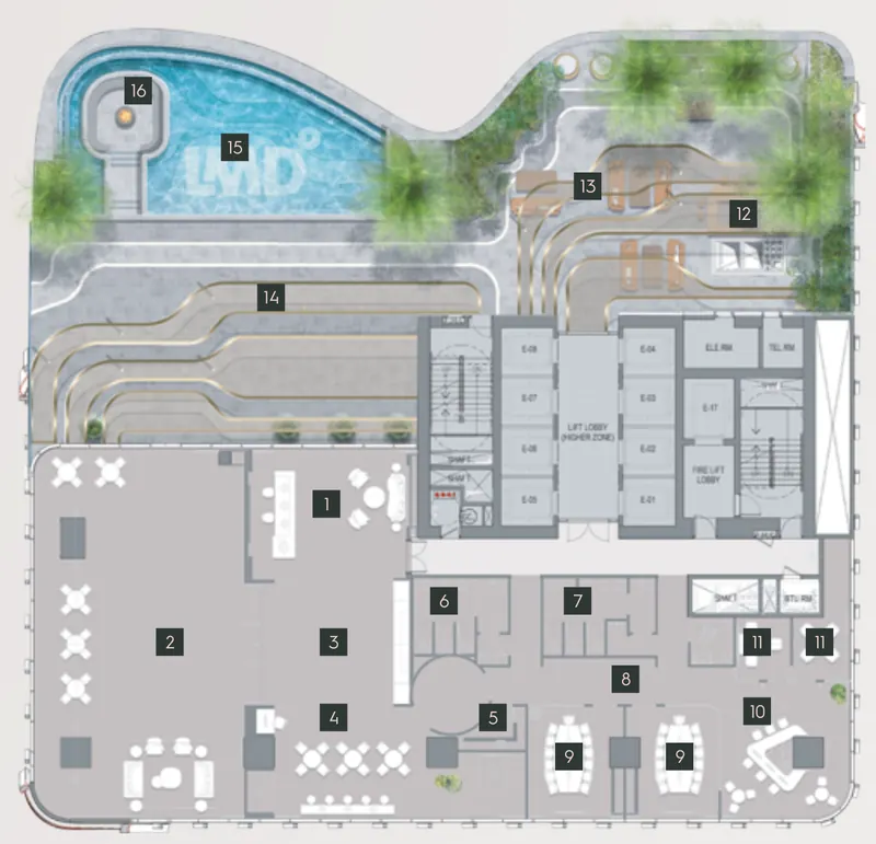 Level 87 plan: a multipurpose hall, co-working and meeting rooms, an outdoor bar and an infinity pool